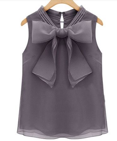เสื้อผู้หญิง ใส่ทำงาน ผ้าไหมผสมซีฟอง แต่งโบว์ด้านหน้า แขนกุด สีเทา และ ขาว no 79232