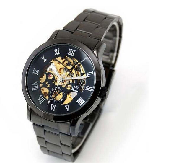 นาฬิกาโชว์กลไก นาฬิกาข้อมือเปลือย นาฬิกาข้อมือผู้ชาย แบบ Mechanical watch สาย Titanium สีดำ หน้าปัดดำ คลาสสิค 30735