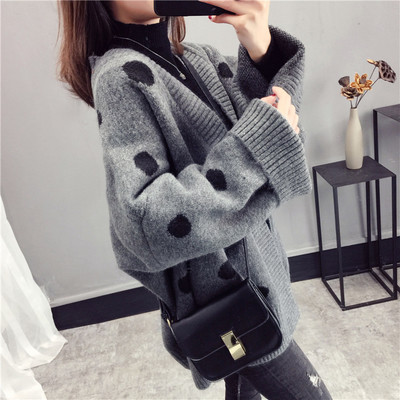 เสื้อกันหนาวไหมพรมถัก ทรงสวย แบบน่ารัก ทอลายจุด พร้อมส่ง เทาลายดำ