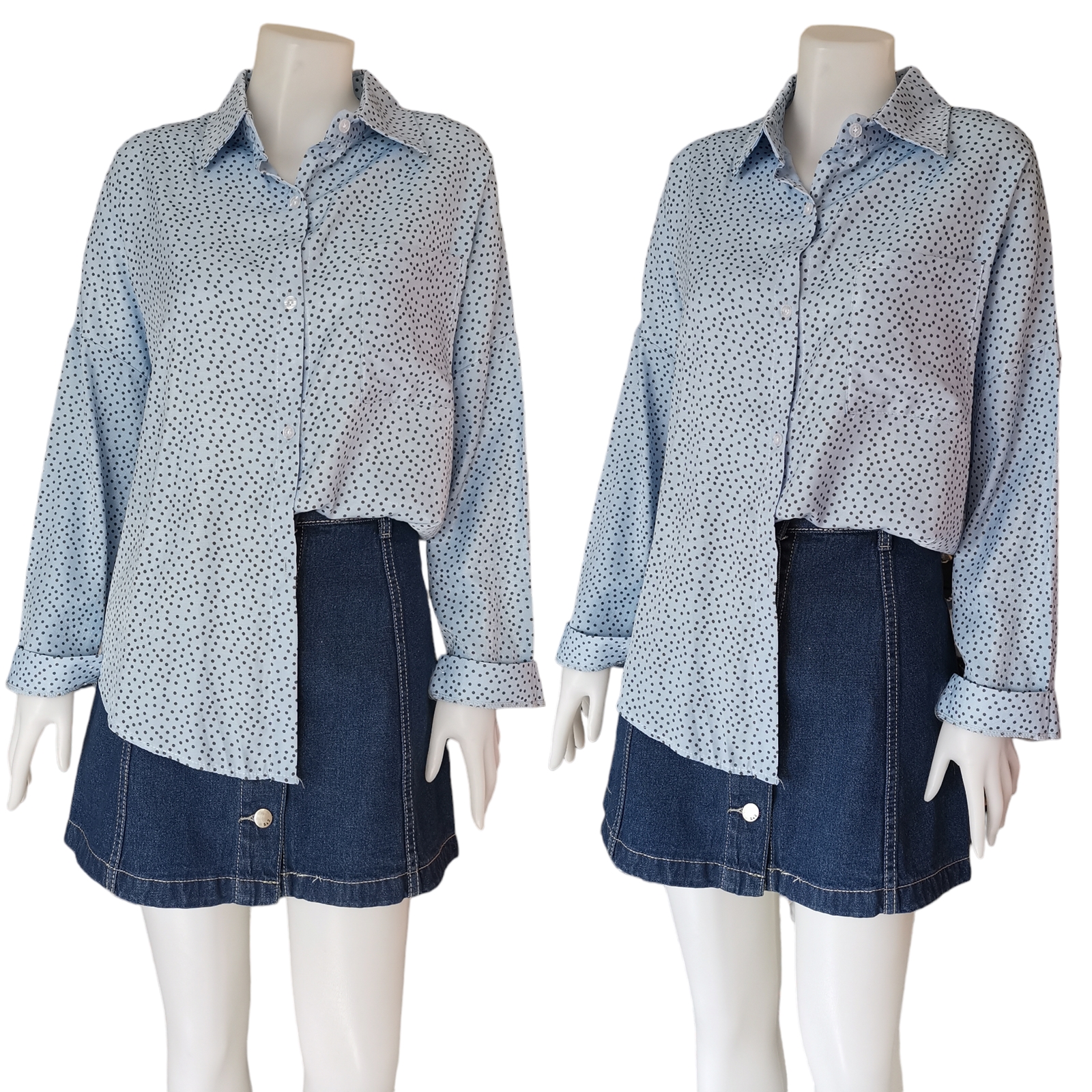 Blouse4084 เสื้อเชิ้ตแขนยาวลายจุด กระดุมผ่าหน้า กระเป๋าอก 1 ข้าง ผ้าคอตตอนโพลีเนื้อดีมีน้ำหนักทิ้งตัวใส่สบาย ใส่เที่ยว/ใส่ทำงานได้ มี 3 สี ส้ม, ฟ้า, ม่วง