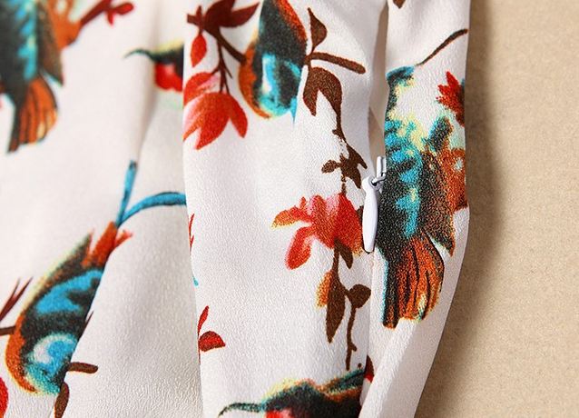 เดรส สีขาว ลายนก แขนผ้าลูกไม้ คอปิด เรียบ ๆ แอบเซ็กซี่ เล็กน้อย no 53546