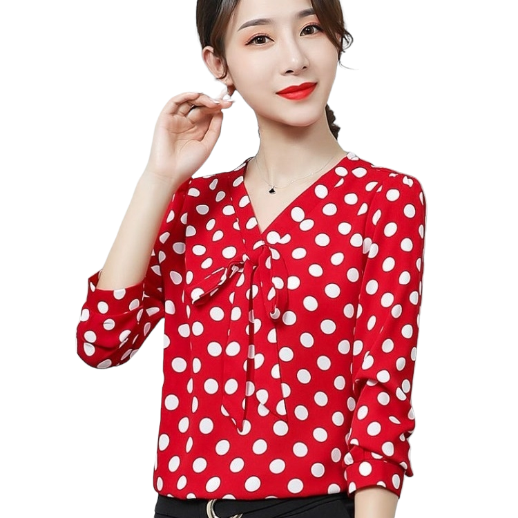 Blouse3833 เสื้อแขนยาวลายจุดใหญ่ผูกโบว์อก ผ้าวูลพีชเนื้อดีนุ่มใส่สบาย ทรงคอวีใส่แล้วดูผอมเพรียว ผ้าเนื้อดีนุ่มน่าใส่แมทช์กับกระโปรงหรือกางเกงก็ดูดีไม่แพ้กัน ใส่เที่ยว/ใส่ทำงานได้