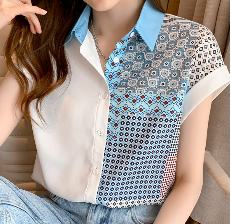 เสื้อเชิ้ต ผู้หญิง เสื้อเชิ้ต แขนสั้น สวย ๆ ใส่เที่ยว โทนสีฟ้า ขาว เสื้อคอปก สวย ๆ ใส่เที่ยว ใส่ทำงาน วันหยุด 481853