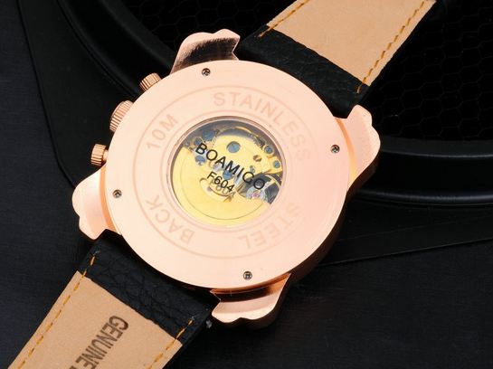 นาฬิกาข้อมือ โชว์กลไก Mechanical watch ผสมผสาน กับสายหนังแท้สีดำ หน้าปัดสี่เหลี่ยมใหญ่ แนวสปอร์ต หน้าปัดทอง เงิน ทองแดง ของขวัญให้แฟน 149895