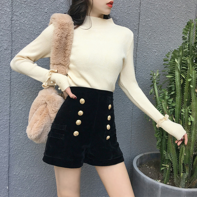 เสื้อสเวตเตอร์ ไหมพรมคอเต่า ลายทางในตัว ยืดได้เยอะ ผ้านุ่ม ครีม