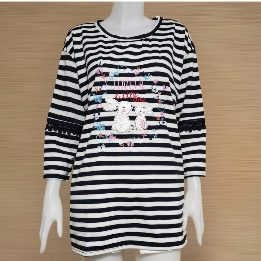Blouse3887 เสื้อแฟชั่นไซส์ใหญ่ลายริ้ว แขนสามส่วนแต่งลูกไม้ อกปักลายน่ารัก ผ้าคอตตอนซอฟท์เนื้อดีนุ่มใส่สบาย