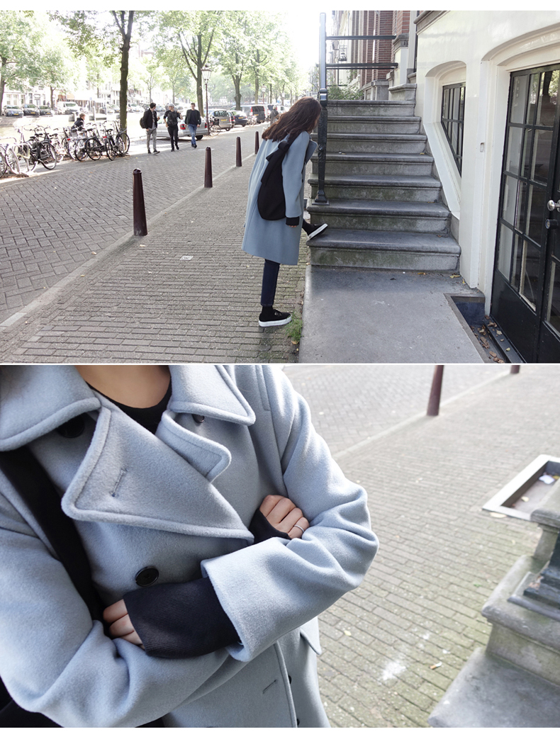 OverCoat เสื้อโค้ทกันหนาว สไตล์เกาหลี สีฟ้าอ่อน ตัวยาวแต่งกระดุมสองแถว บุซับในฟกันลม พร้อมส่ง สีฟ้าอ่อน L