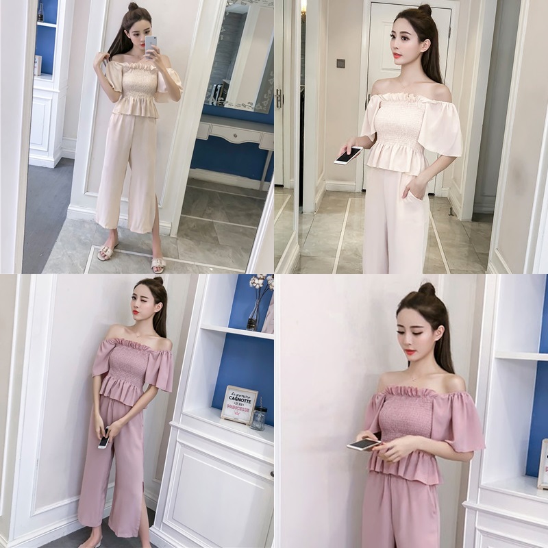 Set_bt1800 ชุดเซ็ท 2 ชิ้น(เสื้อ+กางเกง) เสื้อเปิดไหล่สม็อครอบอกแขนทรงปล่อย+กางเกงขายาวเอวยางยืดผ่าชายเล็กน้อยเพื่อความคล่องตัว มีกระเป๋าข้าง ผ้าชีฟองเกรดพรีเมียมเนื้อดีหนานุ่มมีน้ำหนักใส่สบายไม่ยับง่าย งานน่ารักเก๋ๆ ใส่เที่ยว/ใส่ทำงานได้