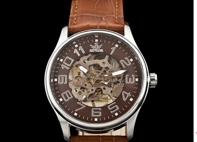 นาฬิกาข้อมือ โชว์กลไก Mechanical watch สายหนังแท้ หน้าปัดแบน แบบสวย นาฬิกาไม่ใส่ถ่าน ของขวัญให้แฟน 662799