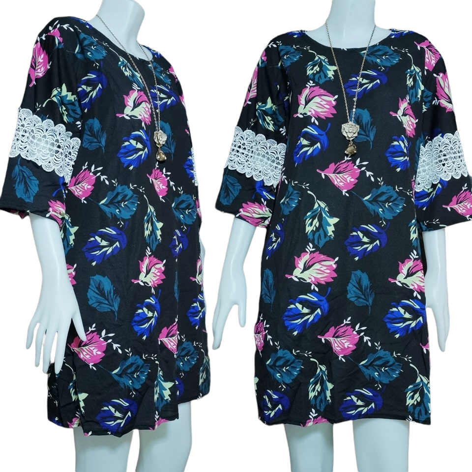 Dress4387 เดรสไซส์ใหญ่ทรงปล่อยลายดอกไม้ แขนสามส่วนระบายแต่งลูกไม้ ผ้าวูลเวฟ(ผ้าหนังไก่)เนื้อดีหนานิ่มมีน้ำหนักยืดขยายได้เยอะใส่สบายสุด งานดีทรงสวย ทรงนี้ใส่ได้เรื่อยๆ มี 5 สี แดง, ขาว, ชมพู, กรม, ดำ