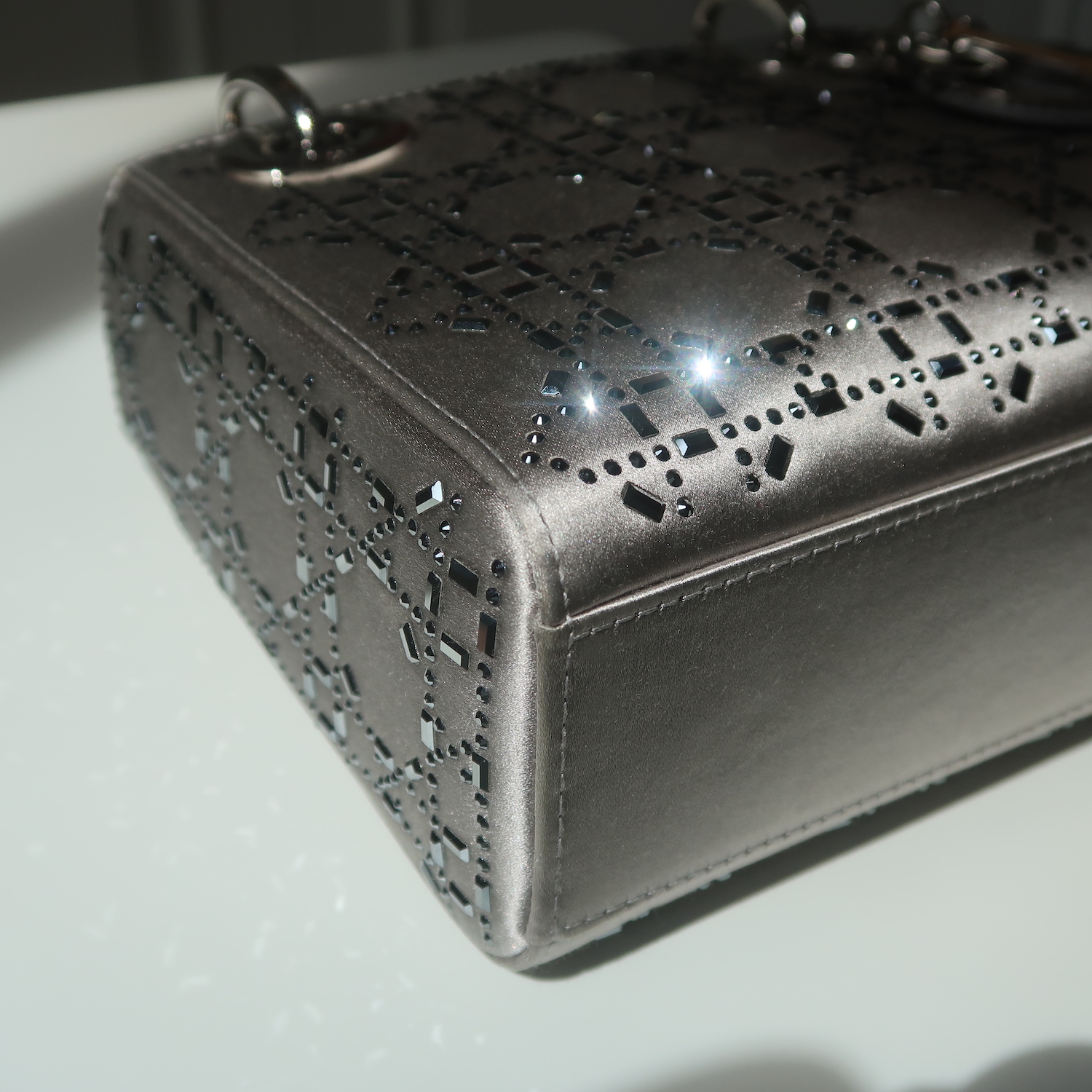 Christian Dior Grey Strass Cannage Satin Mini Lady Dior SHW