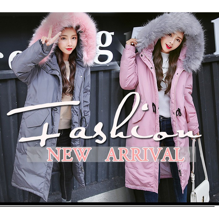 เสื้อกันหนาวฮู้ดดี้ ทรงยาว แต่งเฟอร์หนาฟู งานเกรดดีเหมือนแบบ บุนวมหนา อุ่นมาก หิมะก็เอาอยู่ (ถอดขนถอดฮู้ดได้) เทาฮู้ดชมพู