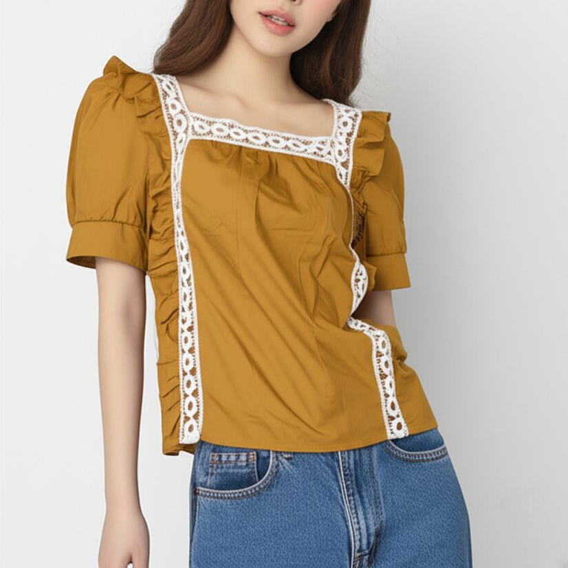 Blouse3903 เสื้อแฟชั่นน่ารักทรงคอเหลี่ยมแต่งระบายลูกไม้ แขนตุ๊กตา ผ้าคอตตอนเนื้อดีหนาสวย แมทช์กับอะไรก็สวย มี 2 สี ขาว, เหลืองมัสตาร์ด