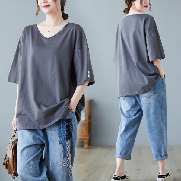 เสื้อทีเชิ้ตคนอ้วนผู้หญิงสไตล์คอตตอนลินินมีไซต์อก 47-48 นิ้ว