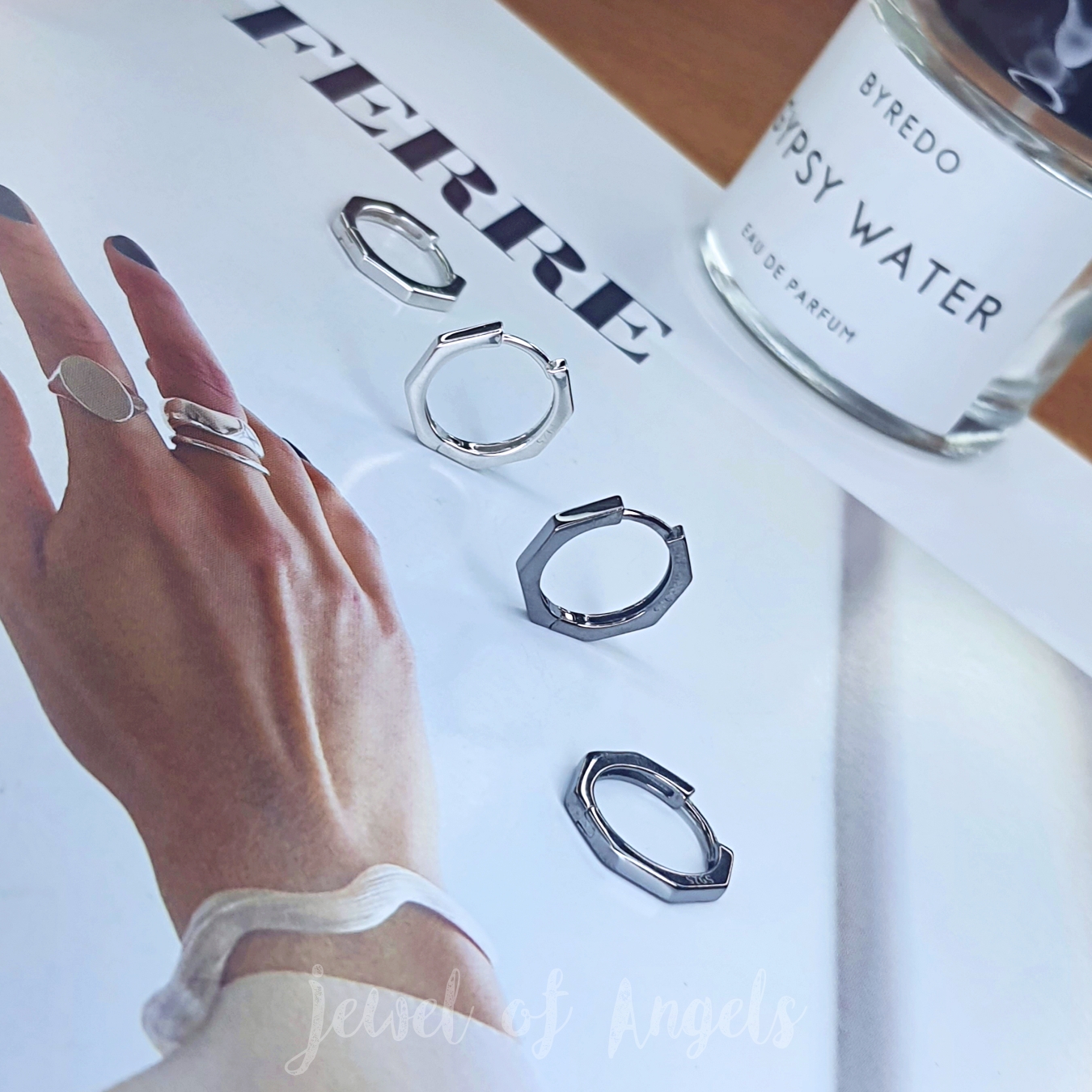 ต่างหูห่วงเงินแท้ S925 รุ่น Octagon ห่วงแปดเหลี่ยม สีเงิน สีดำ มินิมอล Silver925