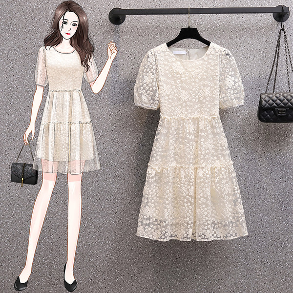 เดรสคนอ้วน เดรสสาวอวบ ชุดเดรสคนอ้วนวัยรุ่น เดรสลูกไม้สีขาว BY PLUS SIZE Girl