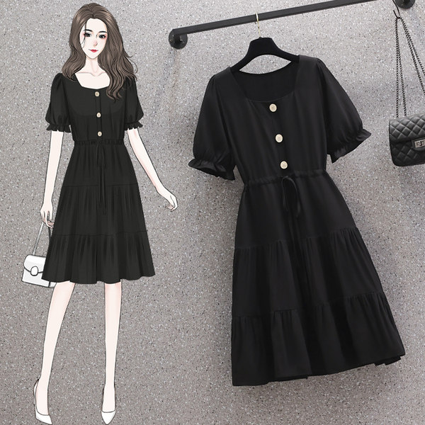 เดรสคนอ้วน เดรสสาวอวบ ชุดเดรสคนอ้วนวัยรุ่น เดรสสีดำเข้าเอว BY PLUS SIZE Girl