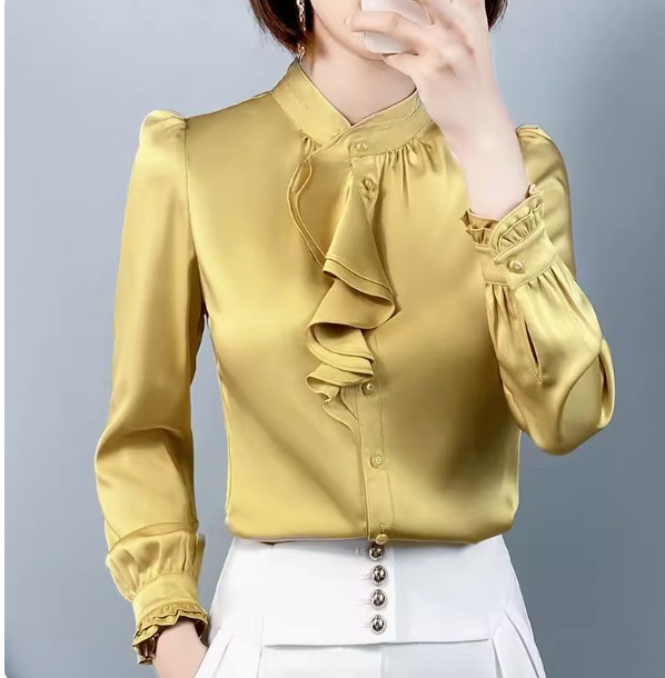 เสื้อเชิ้ต ผู้หญิง ผ้าซาติน แบบหรูหรา ใส่ทำงาน สวย ๆ มีระบายที่คอ เสื้อเชิ้ต แขนยาว ใส่ทำงาน ออฟฟิต 992845