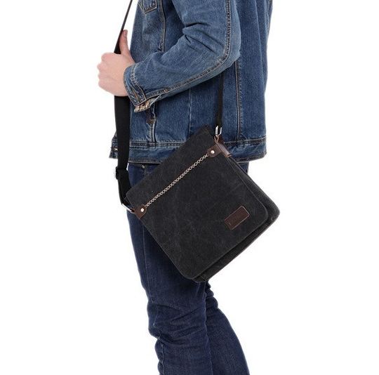 กระเป๋าสะพายข้าง กระเป๋า ผ้าแคนวาส ผ้ายีนส์ ผู้ชาย ใส่ของกระจุกกระจิก กระเป๋าสะพาย แนวตั้ง ใส่ Ipad ได้ แต่ง ตะเข็บ แบบเท่ ๆ มีดีไซน์ 713125