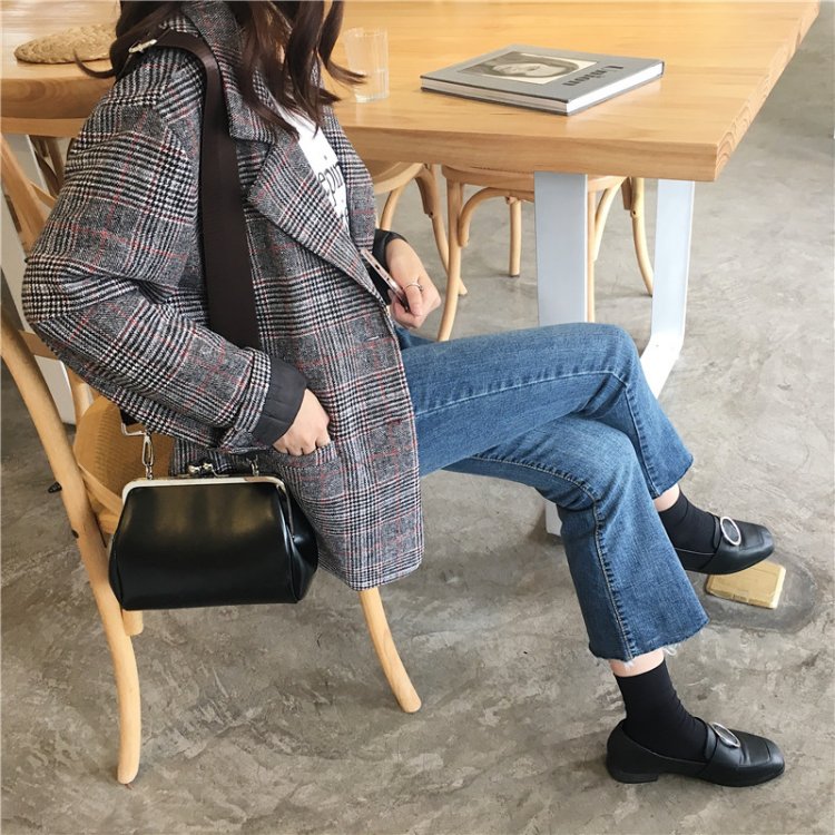 Korea Minimal Coat เสื้อคลุม ตัวสั้น สไตล์เกาหลี ผ้าทอลายสก๊อต บุซับในกันลม