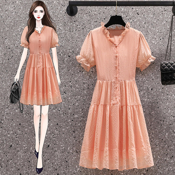 เดรสคนอ้วน เดรสสาวอวบ ชุดเดรสคนอ้วนวัยรุ่นแขนสั้น BY PLUS SIZE Girl