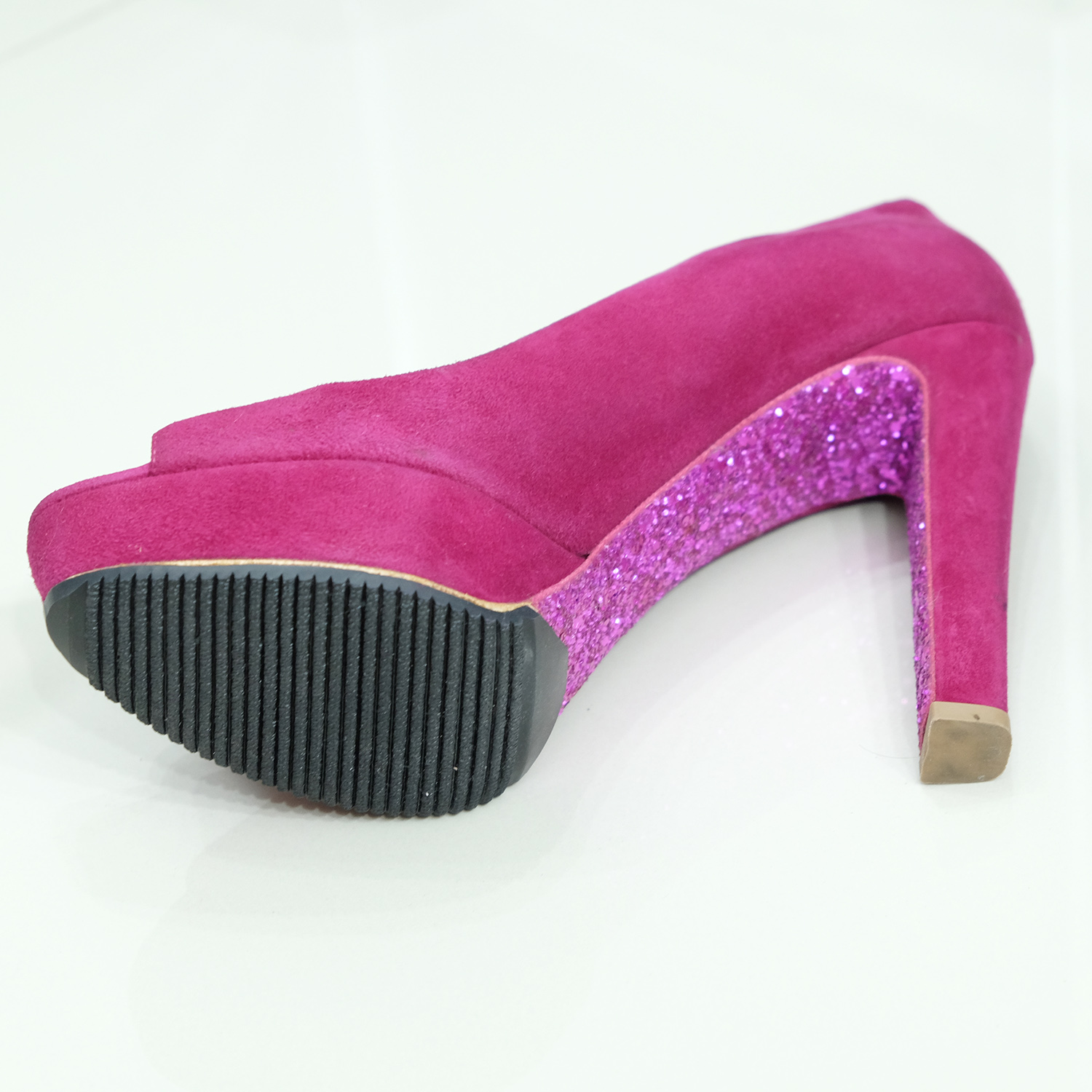 Miu Miu Fushia Pink Suede (Goat) Peep Toes Glitter Heel 5.5" Size 40