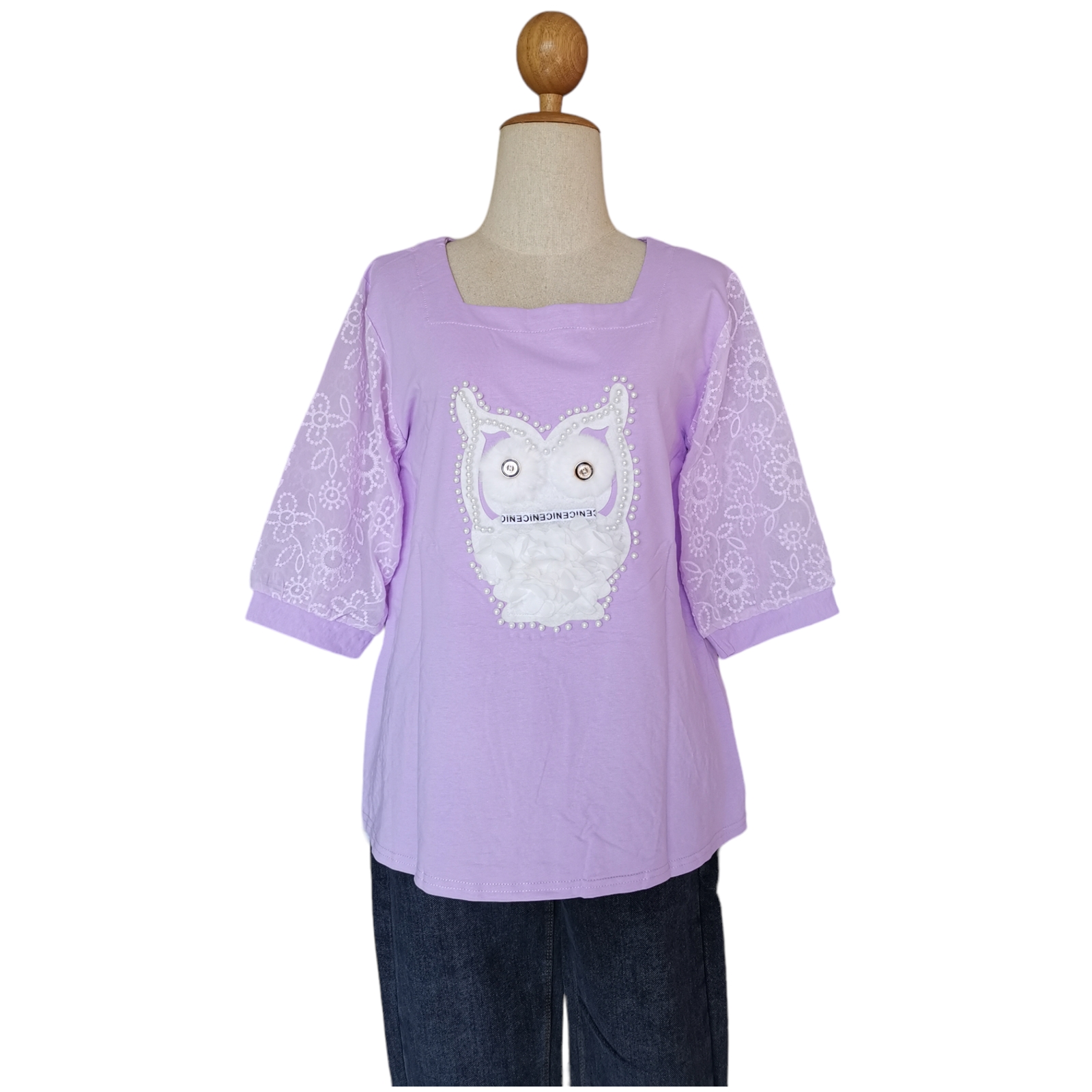 Blouse3864 เสื้อยืดแฟชั่นสาวอวบแขนชีฟองลูกไม้ แต่งลายนกฮูกน่ารัก งานแต่งอะไหล่แน่นๆ จัดเต็ม ผ้าคอตตอนบอดี้สูทเนื้อดีหนานุ่มเด้งมีน้ำหนักยืดหยุ่นสูงใส่สบาย งานน่ารักโทนสีพาสเทล