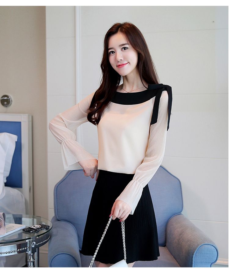 Blouse3781 เสื้อแขนยาวผูกโบว์ไหล่แต่งขอบอกสีดำตัดกับตัวเสื้อดูมีดีเทล ผ้าโพลีเนื้อดี งานสวยแมทช์กับอะไรก็ดูดี ใส่เที่ยว/ใส่ทำงานได้ มี 2 สี ขาว, ครีม
