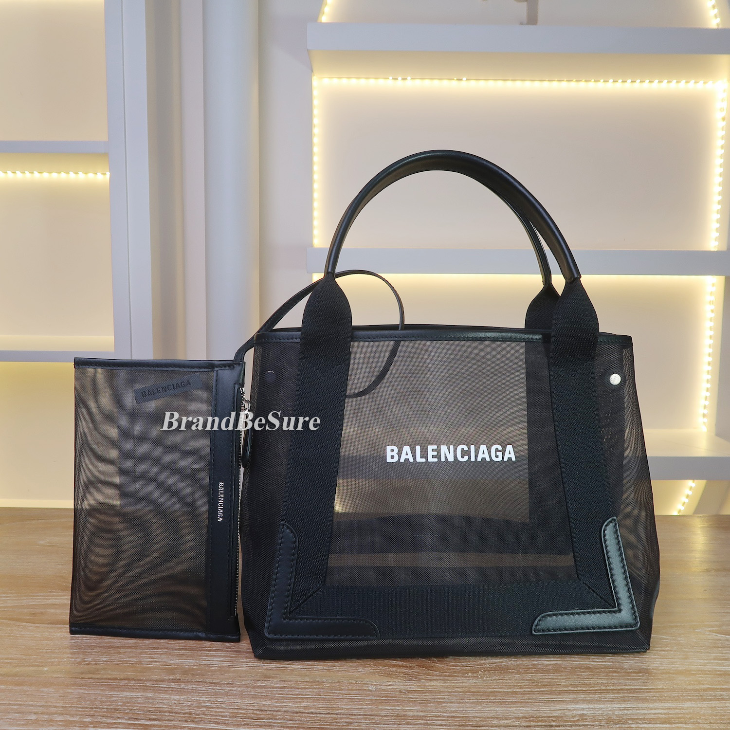 Balenciaga Black Mesh/Calfskin Logo Cabas S Tote Bag