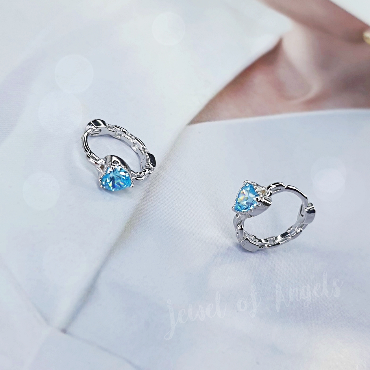 ต่างหูเงินแท้ S925 รุ่น Affection ต่างหูห่วงโซ่ แต่งเพชรCZหัวใจสีฟ้า สูง12mm เงินแท้ทั้งชิ้น Silver925 ต่างหูผู้หญิง ตุ้มหูเงินแฟชั่น