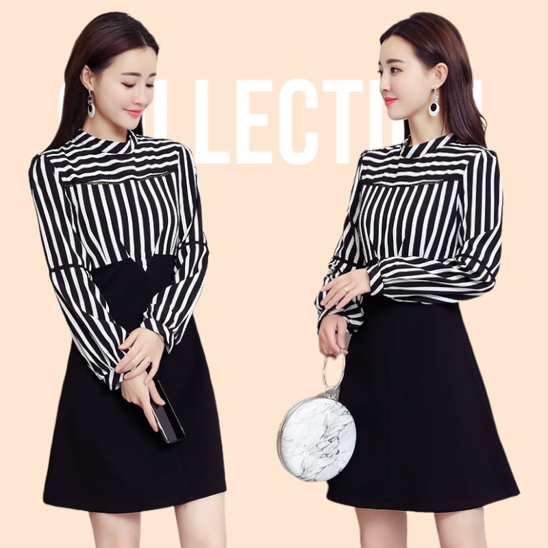 Dress4625 ชุดเดรสแขนยาวชีฟองลายริ้วสีขาวดำตัดต่อกระโปรงสีพื้นดำผ้าคอตตอนสแปนเด็กซ์เนื้อดีมีน้ำหนักทิ้งตัว ซิปข้างใส่ง่าย งานดีทรงดีใส่สวย ดูเรียบหรู ใส่ทำงานได้