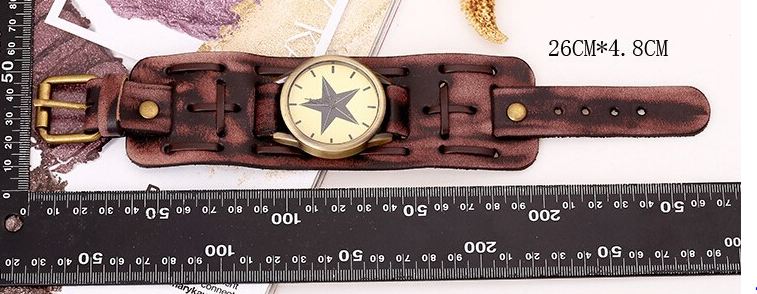 นาฬิกาข้อมือ สายหนังวัวแท้ ผู้หญิง ผู้ชาย ใส่ได้ สไตล์ วินเทจ แบบ ร็อค ๆ พังค์ หนังแท้ สีน้ำตาล เส้นใหญ่ โชว์ลายหนัง หน้าปัด รูปดาว งาน Hand made 739127