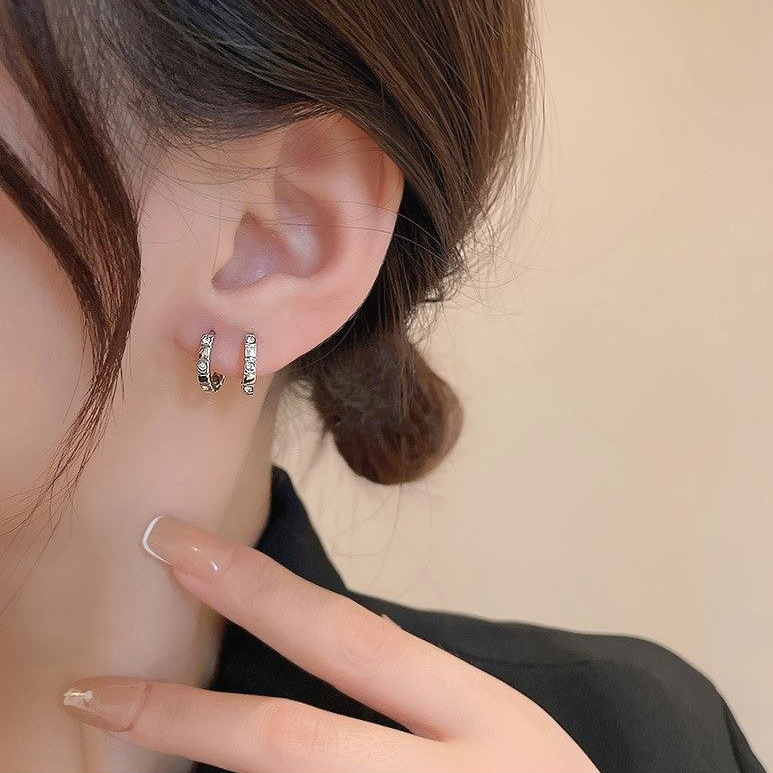ต่างหูเงินแท้ S925 รุ่น Dazzle ต่างหูห่วง เพชรCZ ลายปล้องไผ่ สูง12mm เงินแท้ทั้งชิ้น Silver925