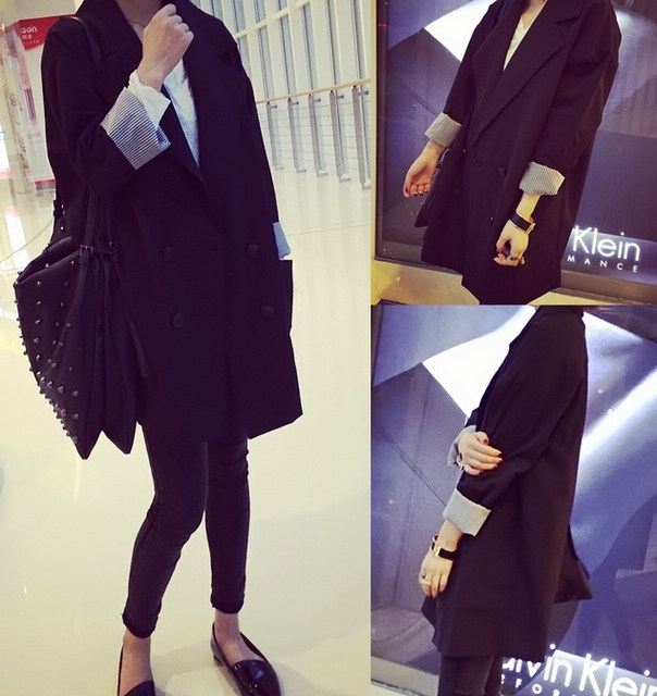 สูทตัวโคล่งทรงสวย ซับในลายทาง เพิ่มความเก๋ไก๋ ผ้าโพลิเนื้อเบากันลม พร้อมส่งจ้า black