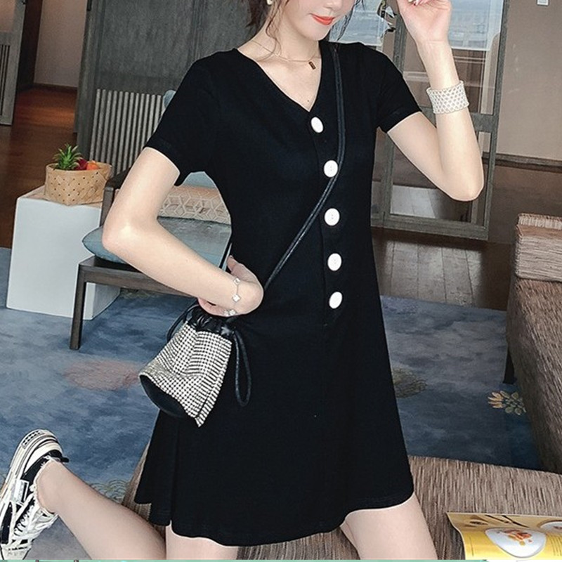 Dress4657 มินิเดรสคอวีกระดุมหน้า ผ้าคอตตอนเนื้อดีนุ่มใส่สบายยืดหยุ่นสูง งานน่ารักสไตล์มินิมอล ใส่เก๋ๆ ได้บ่อย มี 2 สี เทา, ดำ