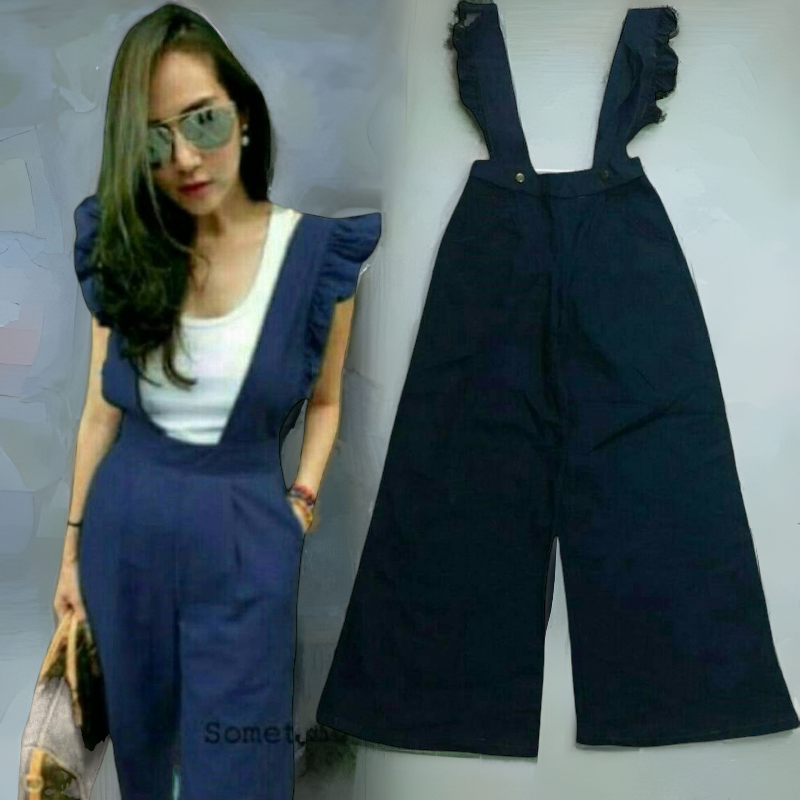 Jumpsuit662 ชุดเอี๊ยมยีนส์ขายาวผ้ายีนส์แท้เนื้อดี สายแต่งระบาย งานดีทรงสวยแมทช์ง่าย แมทช์กับเสื้อทรงไหนก็เข้า