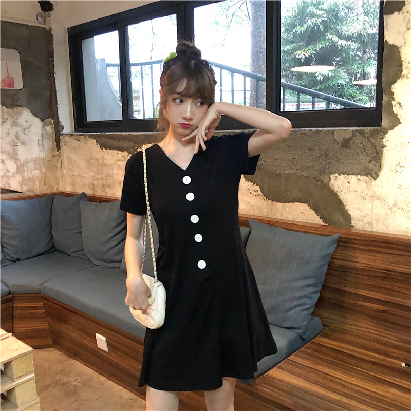 Dress4657 มินิเดรสคอวีกระดุมหน้า ผ้าคอตตอนเนื้อดีนุ่มใส่สบายยืดหยุ่นสูง งานน่ารักสไตล์มินิมอล ใส่เก๋ๆ ได้บ่อย มี 2 สี เทา, ดำ
