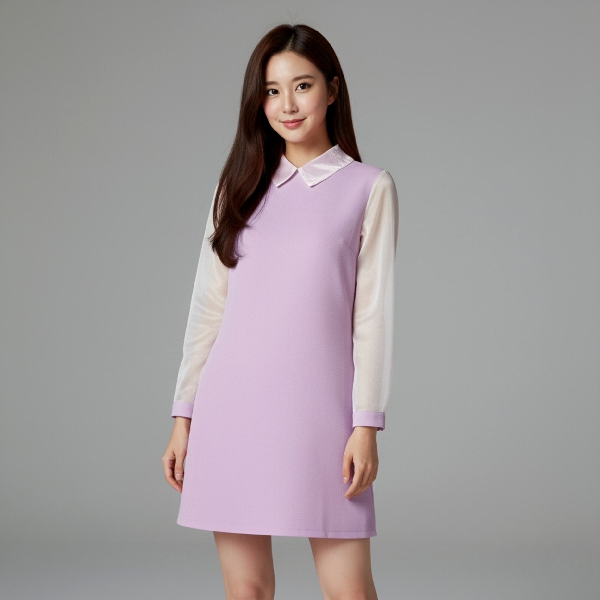 💜 Dress3118 เดรสแขนยาวคอปกผ้าโฟร์เวย์สีม่วงพาสเทล แต่งผ้าแก้วนุ่มละมุน หวานละไมสไตล์เกาหลี