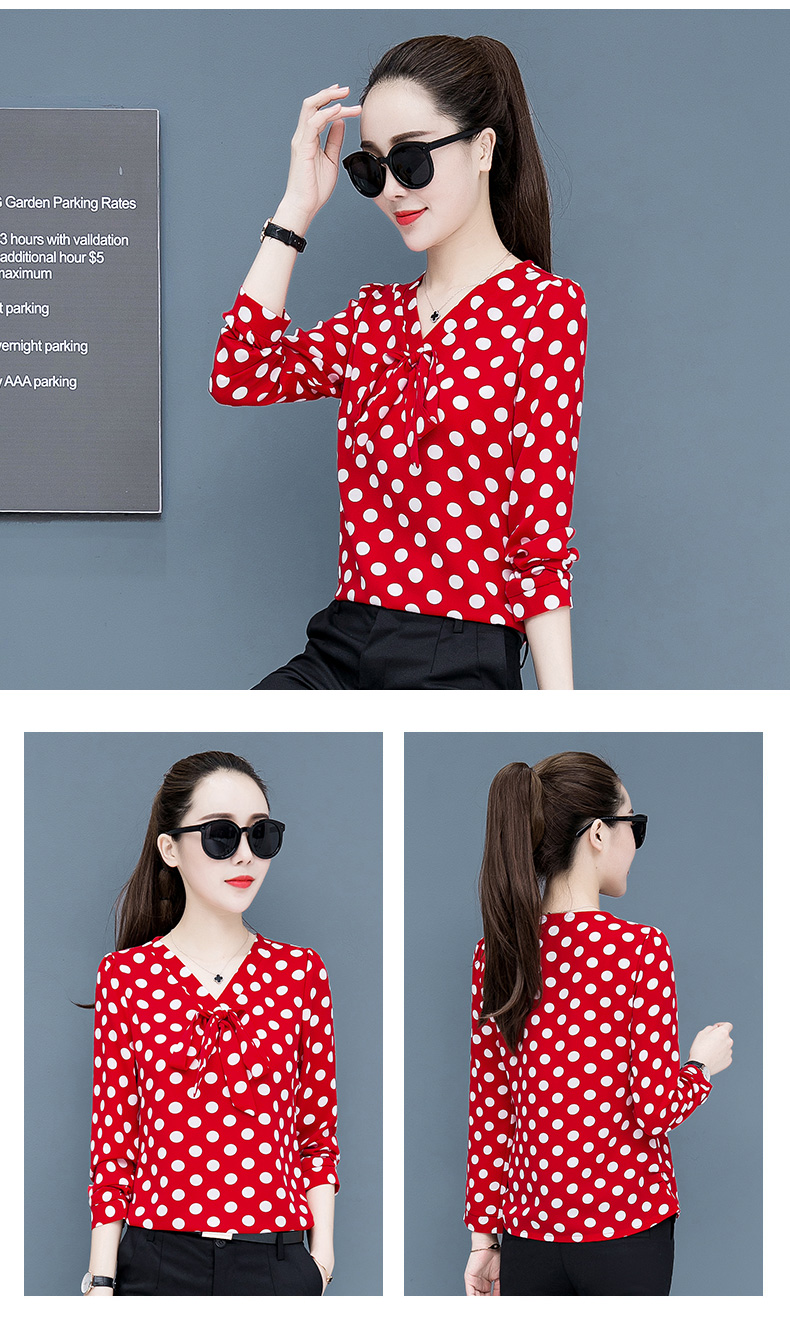 Blouse3833 เสื้อแขนยาวลายจุดใหญ่ผูกโบว์อก ผ้าวูลพีชเนื้อดีนุ่มใส่สบาย ทรงคอวีใส่แล้วดูผอมเพรียว ผ้าเนื้อดีนุ่มน่าใส่แมทช์กับกระโปรงหรือกางเกงก็ดูดีไม่แพ้กัน ใส่เที่ยว/ใส่ทำงานได้