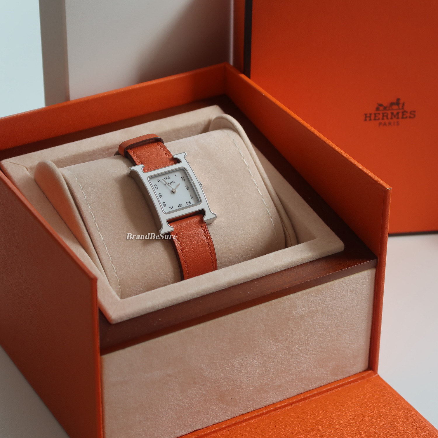Hermes White Enamel Orange Swift H Hour PM Watch