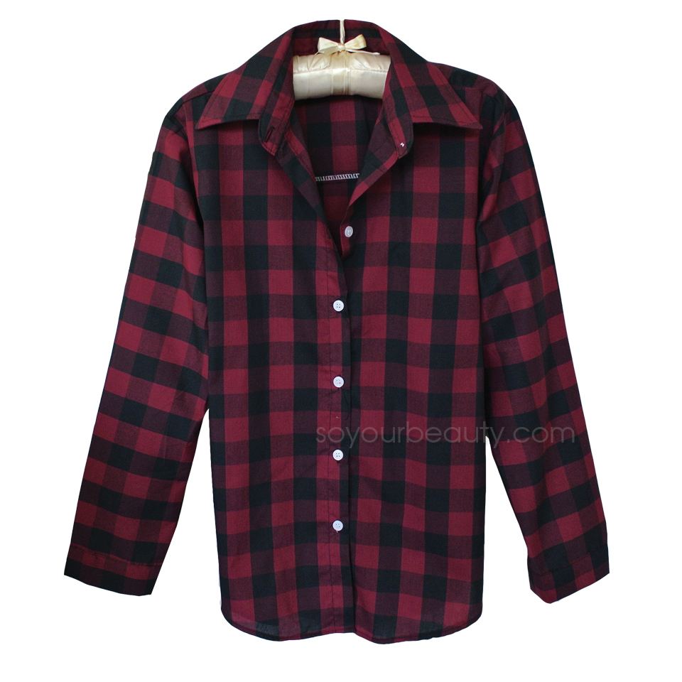 แฟชั่นเสื้อผ้า เสื้อเชิ้ตลายสก๊อตผู้หญิง ดำ-แดง