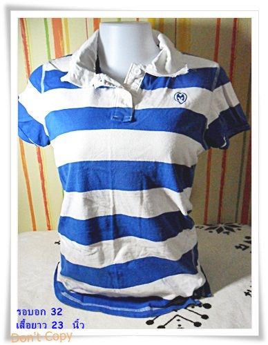 #155006 Used เสื้อยืด คอปก ผู้หญิง ขาวสลับน้ำเงิน กะลาสี