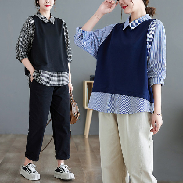 เสื้อทีเชิ้ตคนอ้วนผู้หญิงสไตล์คอตตอนลินินมีไซต์อก 47-48 นิ้ว