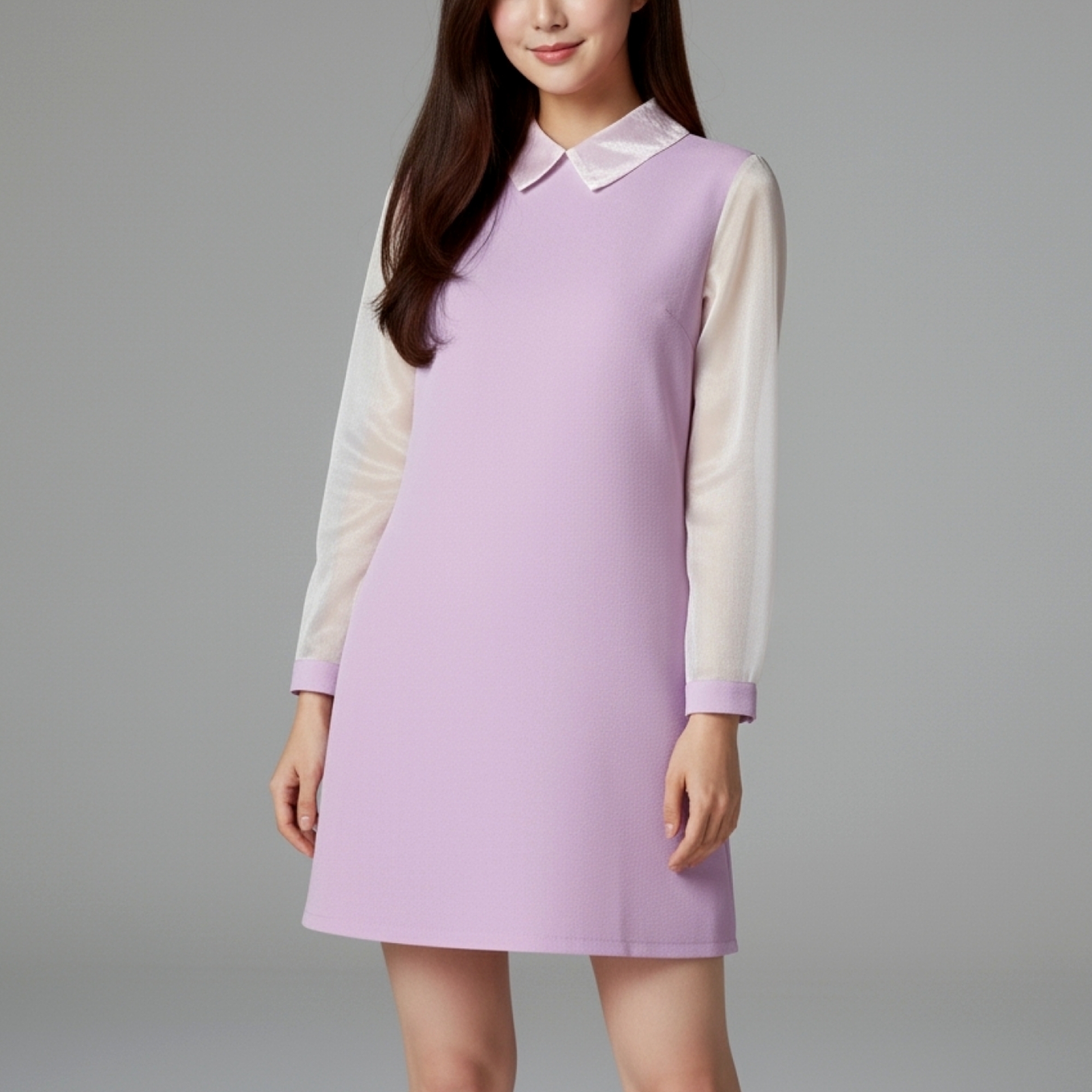 💜 Dress3118 เดรสแขนยาวคอปกผ้าโฟร์เวย์สีม่วงพาสเทล แต่งผ้าแก้วนุ่มละมุน หวานละไมสไตล์เกาหลี
