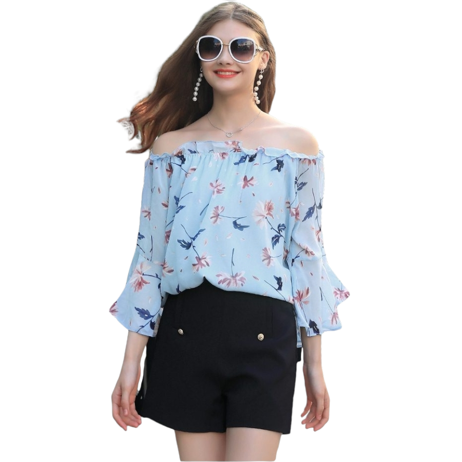 Blouse3756 เสื้อเปิดไหล่แขนระบาย ผ้าชีฟองเนื้อดีสีฟ้าลายดอกไม้ ผ้าเนื้อดีนุ่มใส่สบาย งานน่ารักแมทช์ง่าย ทรงนี้ใส่ได้เรื่อยๆ ใส่กับขาสั้นหรือขาสั้นก็น่ารักไม่แพ้กันจ้า