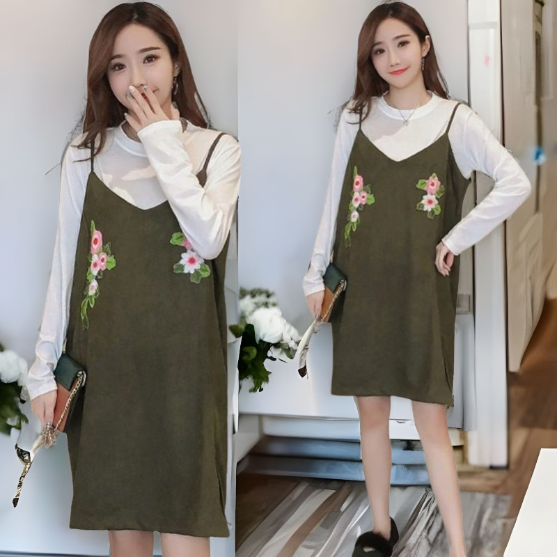 Dress4729 เสื้อแขนยาว+เดรสกระโปรงแต่งลายปักดอกไม้ผ้าคอตตอนกำมะหยี่เนื้อดีหนานุ่มมีน้ำหนักทิ้งตัว งานดีดูสวยแพง