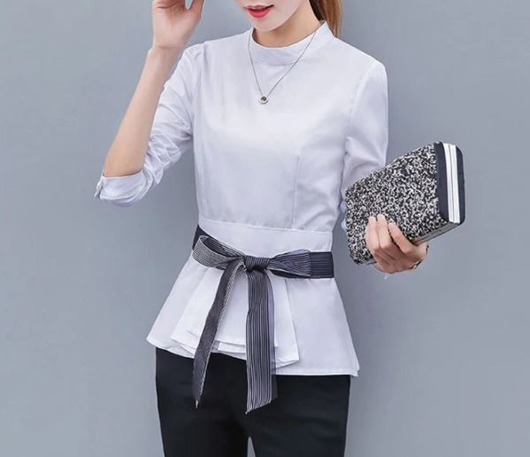 เสื้อเชิ้ตผู้หญิง เสื้อเชิ้ตแขนยาว ใส่ทำงาน แฟชั่นดีไซน์ สำหรับ สาวหุ่นดี มีเอว ดีไซน์ ผ้าคาดเอว แบบสาวมั่น ลุ๊คเท่ ๆ 753169