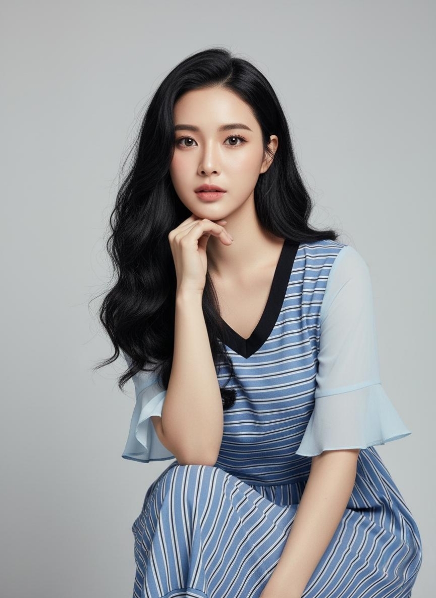 💙 Dress4422 เดรสยาวลายริ้วโทนฟ้า แขนชีฟองระบาย ผ้าสลาฟใส่สบาย ไม่บาง ไม่ยับ ใส่เที่ยว-ทำงานได้ สไตล์เกาหลี