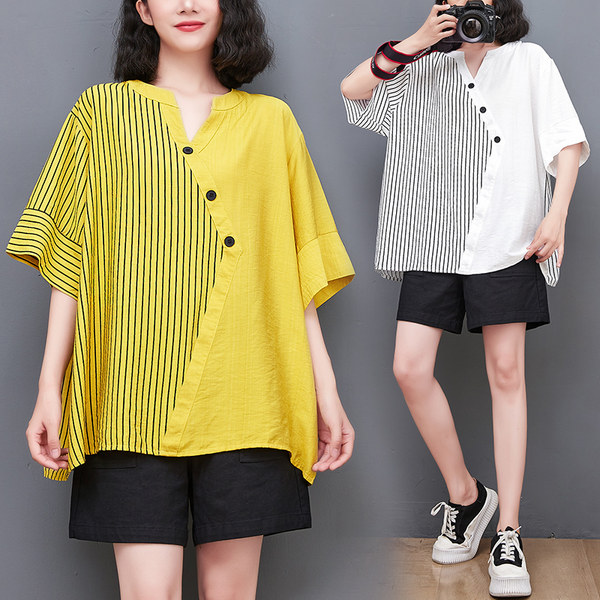 เสื้อทีเชิ้ตคนอ้วนผู้หญิงสไตล์คอตตอนลินินมีไซต์อก 47-48 นิ้ว