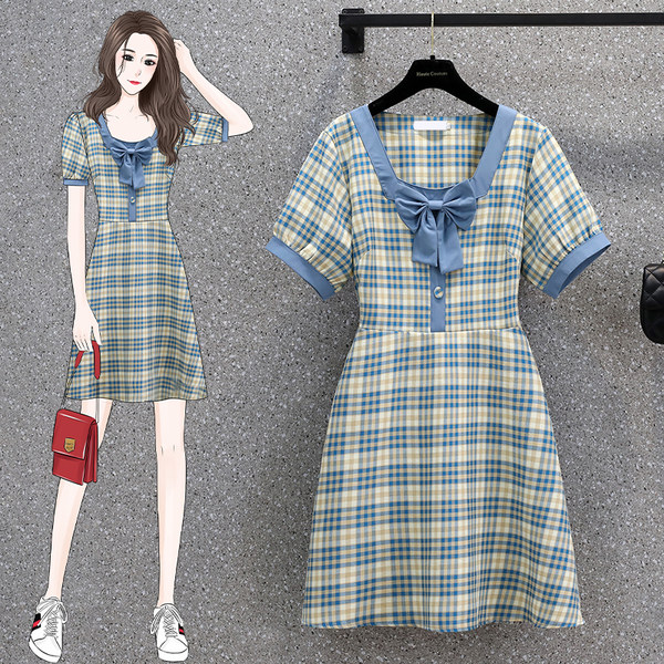 เดรสคนอ้วน เดรสสาวอวบ ชุดเดรสคนอ้วนวัยรุ่นแขนสั้น BY PLUS SIZE Girl